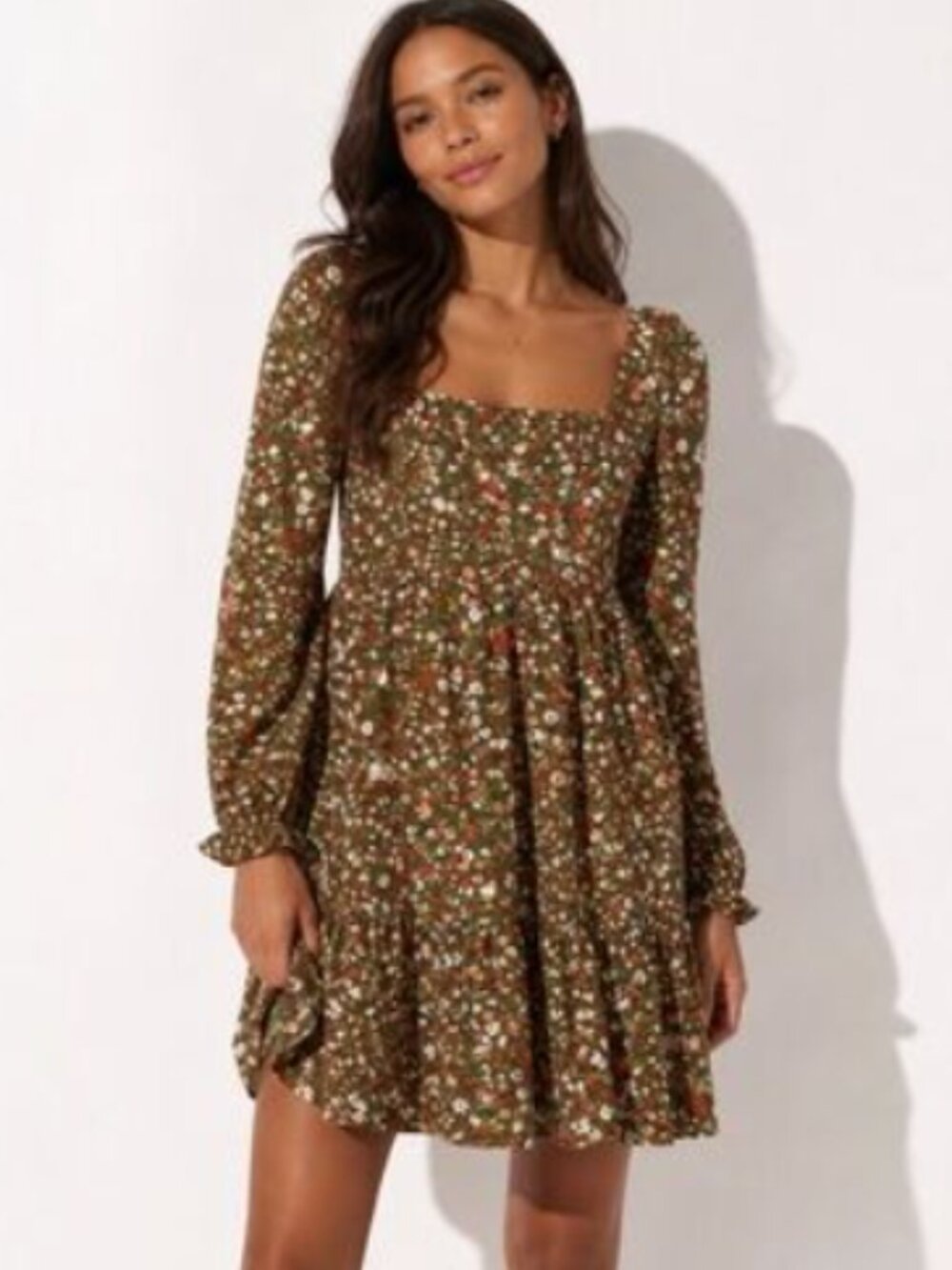 BCBG Paris Floral Square Neck Babydoll Mini Dress Olive Green Medium Cottagecore